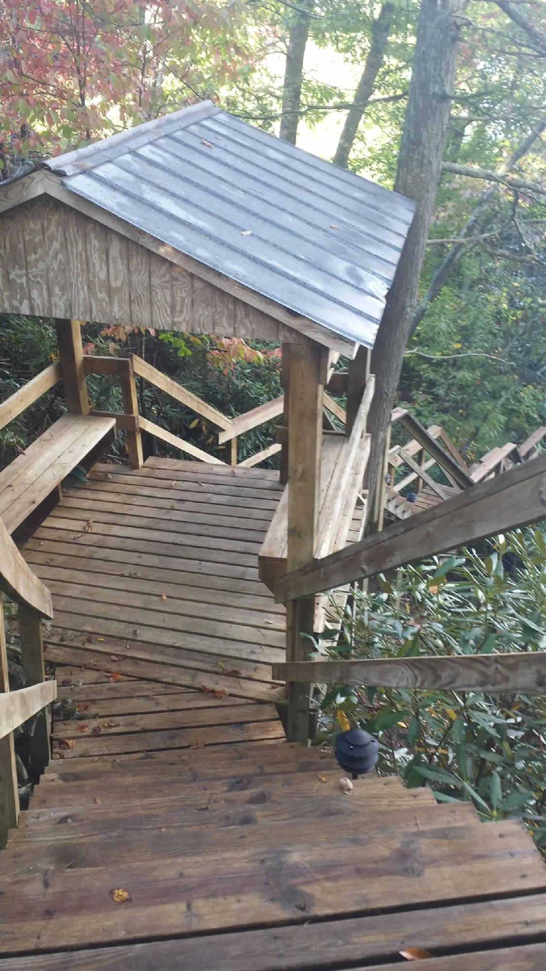 Metal roofed shelter over wooden steps on a wooded walkway — Skylight Repair & Installation work by our crew in Tiro